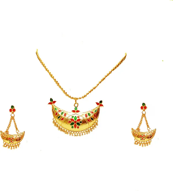 Assamese_Traditional_Gold_Plated_Red_Green_Colour_Joonbiri_Chain_Jewellery_Set_For_Women